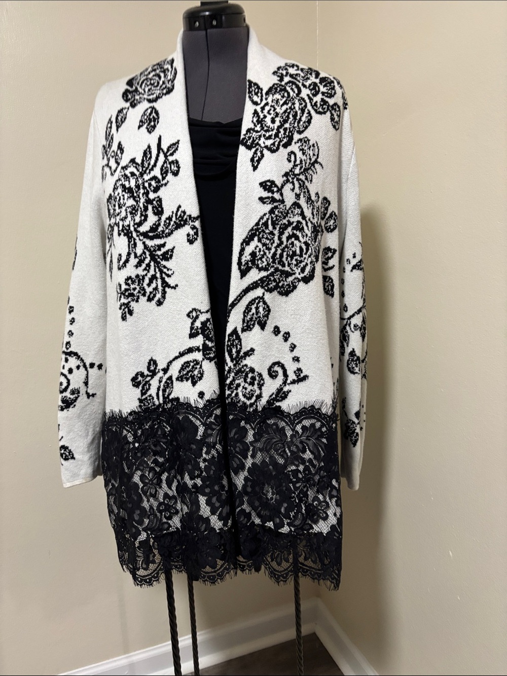 Chico's Black & White Floral Lace-Trim Open Cardigan